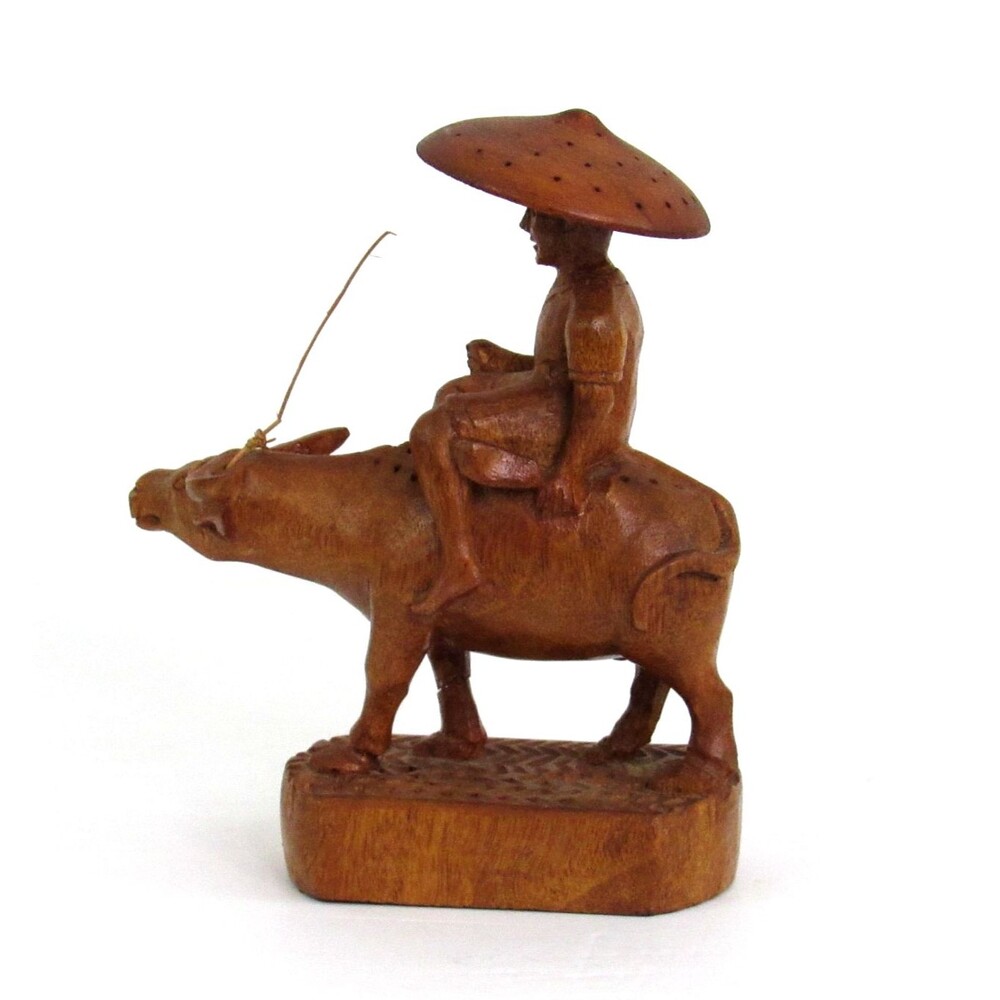 Vtg. Hand Carved Wooden Farmer Riding Water Buffalo Toothpick Holder T. Tinio - Picture 3 of 6